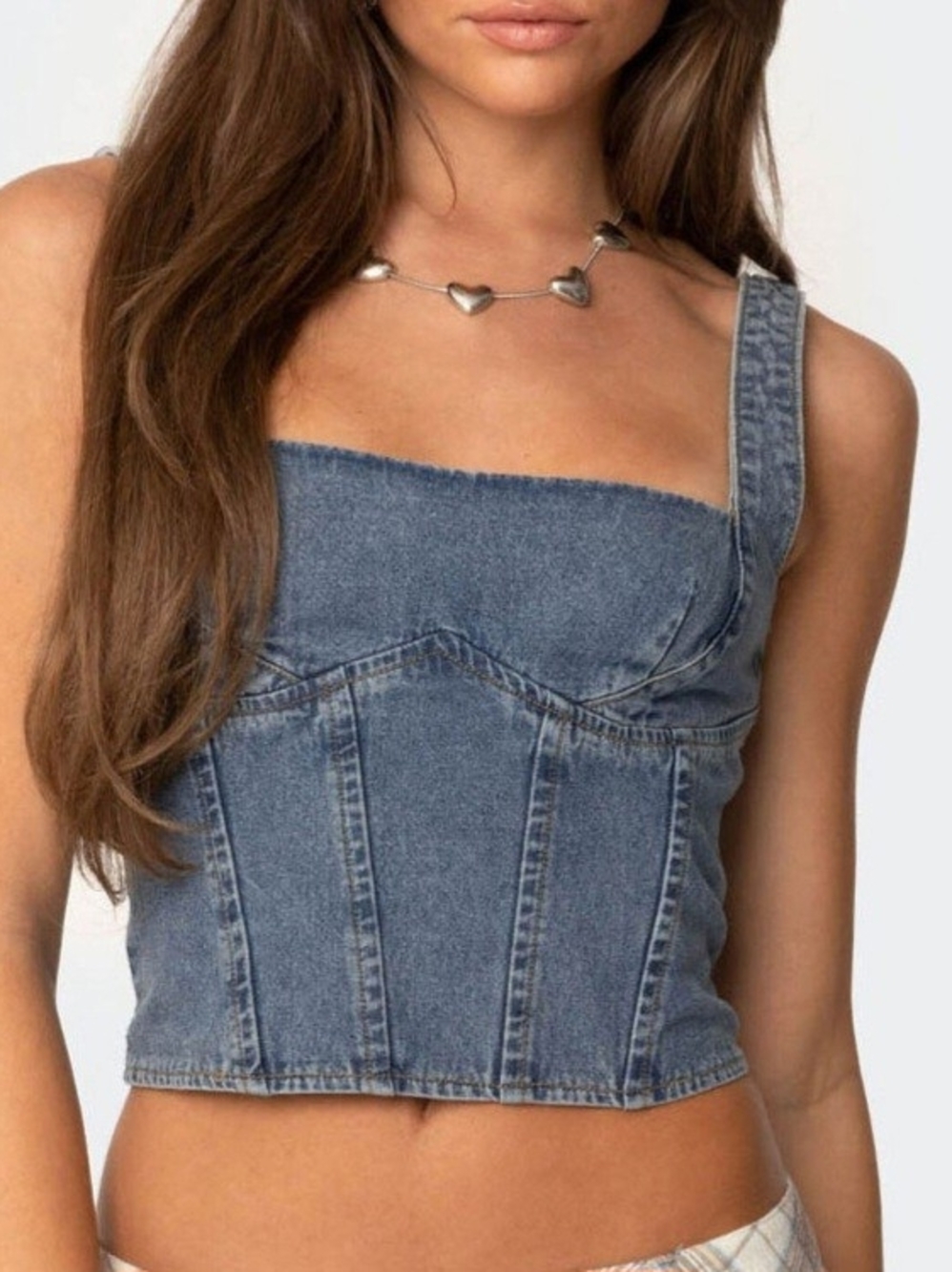Edikted Blue Denim Bustier Crop Top